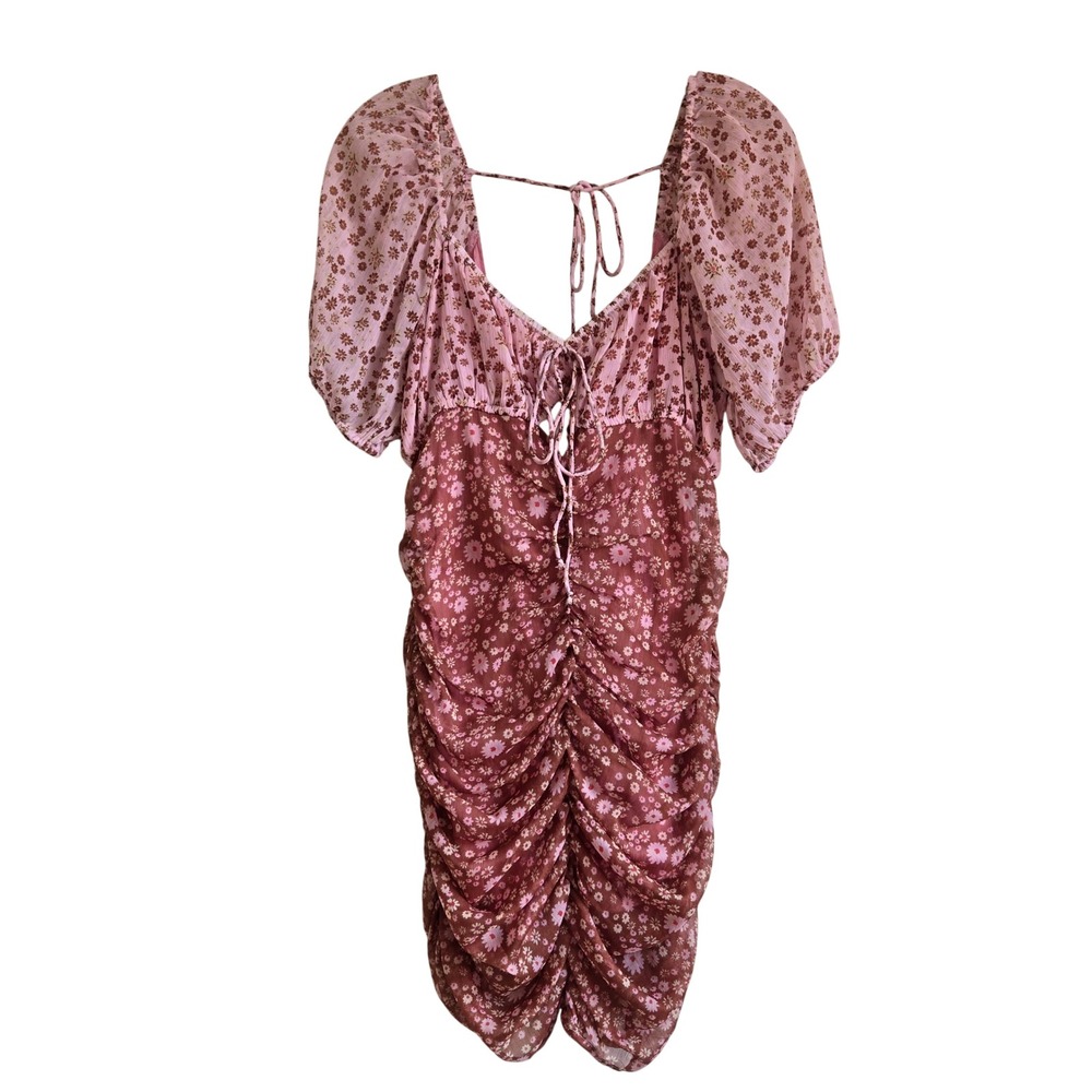 Free People Small Tessa Pink Brown Floral Ruched Puff Sleeve Mini Dress Casual